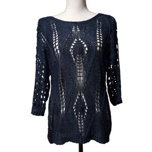 EVALESS Hollow Out Navy Blue Crochet‎ Knit Sweater Boat Neck 3/4 Sleeve Top NWT